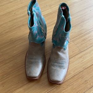 Leather western boots beige tan and blue.